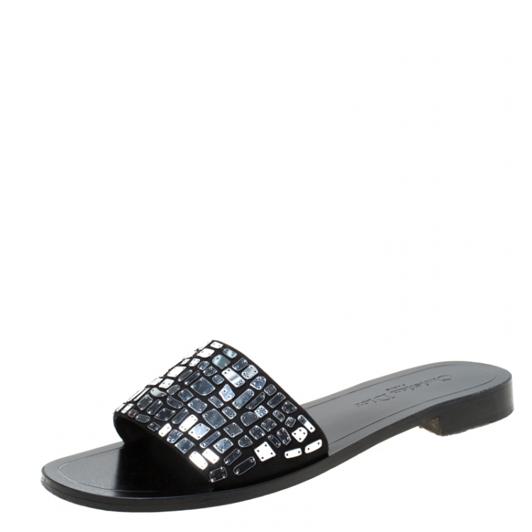 Pre Owned Dior Black Mirror Embroidered Suede Mosaic Slides Size 39