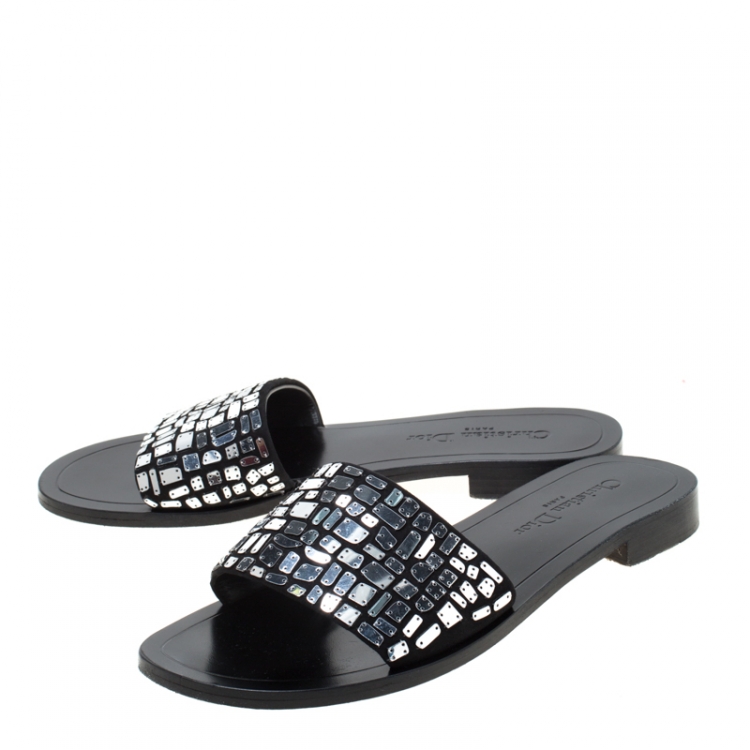 Pre Owned Dior Black Mirror Embroidered Suede Mosaic Slides Size 39
