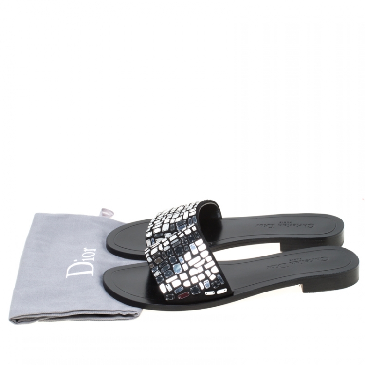 Pre Owned Dior Black Mirror Embroidered Suede Mosaic Slides Size 39
