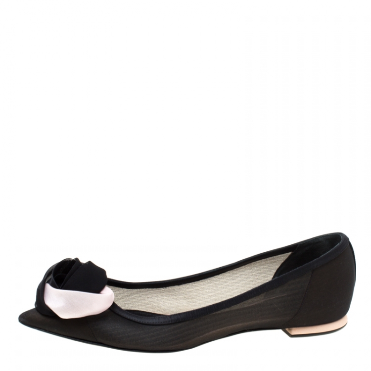Pre Owned Dior Black Crepè Fabric Floral Applique Pointed Toe Ballet Flats Size 40