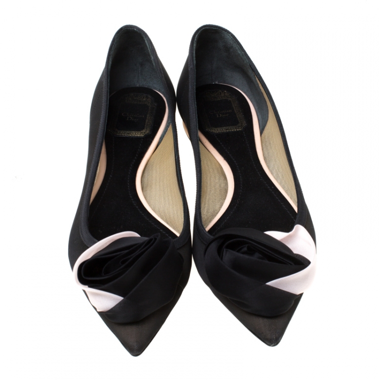 Pre Owned Dior Black Crepè Fabric Floral Applique Pointed Toe Ballet Flats Size 40
