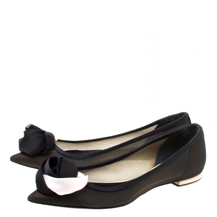 Pre Owned Dior Black Crepè Fabric Floral Applique Pointed Toe Ballet Flats Size 40