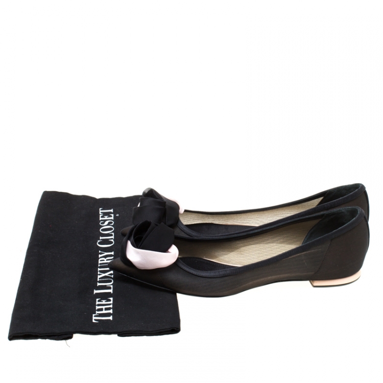 Pre Owned Dior Black Crepè Fabric Floral Applique Pointed Toe Ballet Flats Size 40