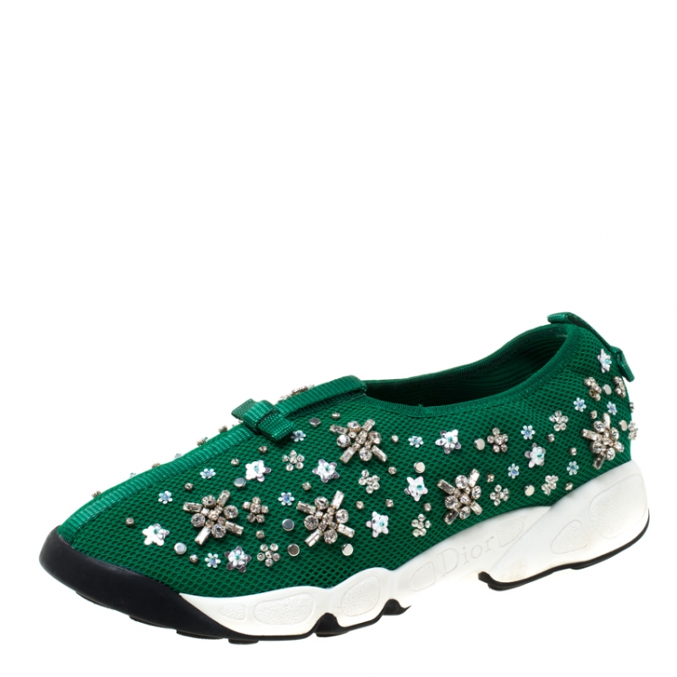 Pre Owned Dior Green Mesh Fusion Crystal Embellished Slip On Sneakers Size 39
