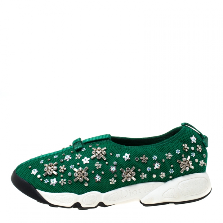 Pre Owned Dior Green Mesh Fusion Crystal Embellished Slip On Sneakers Size 39