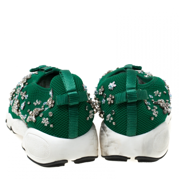 Pre Owned Dior Green Mesh Fusion Crystal Embellished Slip On Sneakers Size 39