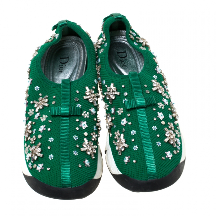 Pre Owned Dior Green Mesh Fusion Crystal Embellished Slip On Sneakers Size 39
