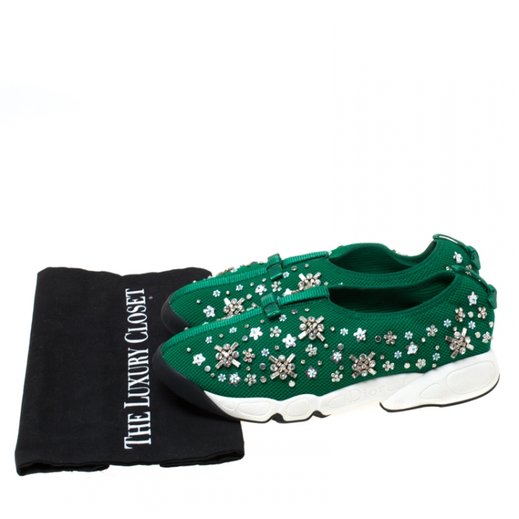Pre Owned Dior Green Mesh Fusion Crystal Embellished Slip On Sneakers Size 39
