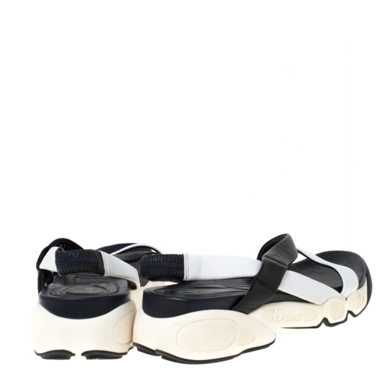 Pre Owned Dior Black/White Leather Cross Strap Slingback Flat Sandals Size 36.5