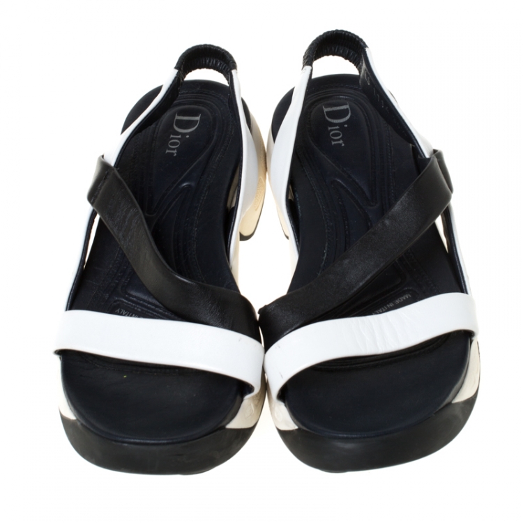 Pre Owned Dior Black/White Leather Cross Strap Slingback Flat Sandals Size 36.5