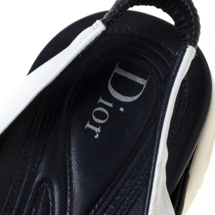 Pre Owned Dior Black/White Leather Cross Strap Slingback Flat Sandals Size 36.5