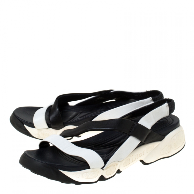 Pre Owned Dior Black/White Leather Cross Strap Slingback Flat Sandals Size 36.5