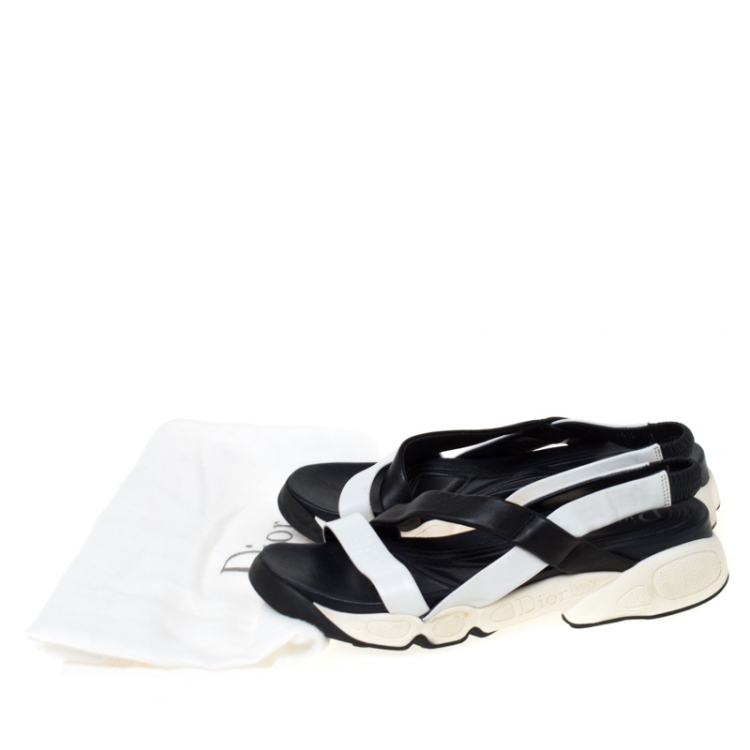 Pre Owned Dior Black/White Leather Cross Strap Slingback Flat Sandals Size 36.5