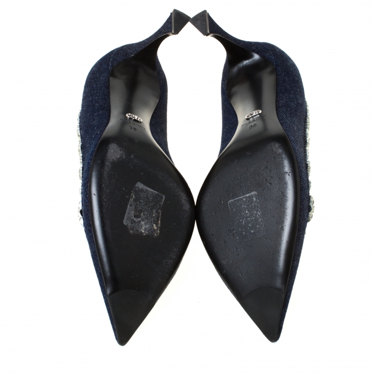 Pre Owned Dior Blue Crystal Embellished Denim Garland Pointed Toe Pumps Size 38