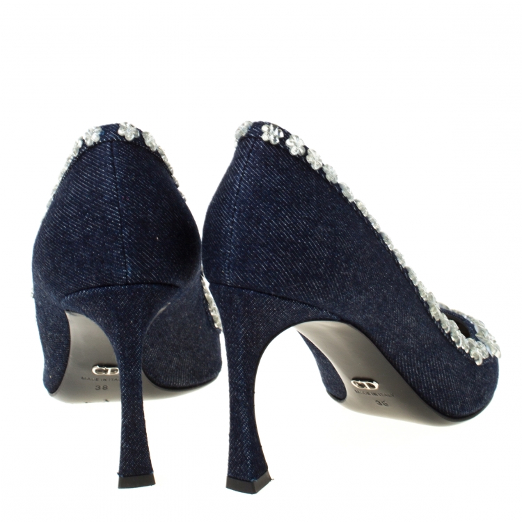Pre Owned Dior Blue Crystal Embellished Denim Garland Pointed Toe Pumps Size 38