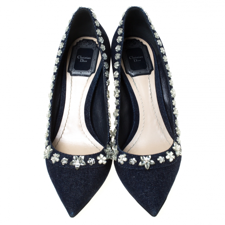 Pre Owned Dior Blue Crystal Embellished Denim Garland Pointed Toe Pumps Size 38