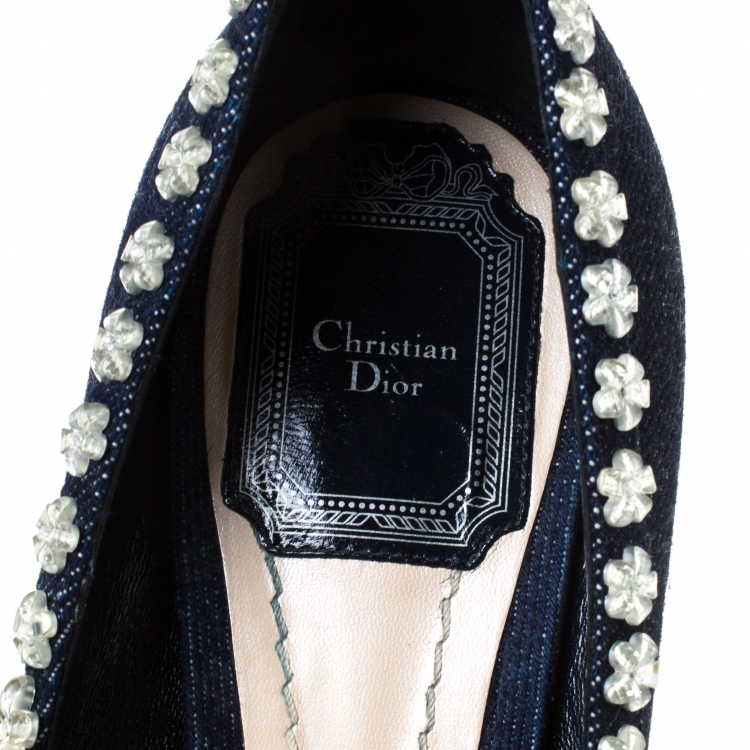 Pre Owned Dior Blue Crystal Embellished Denim Garland Pointed Toe Pumps Size 38