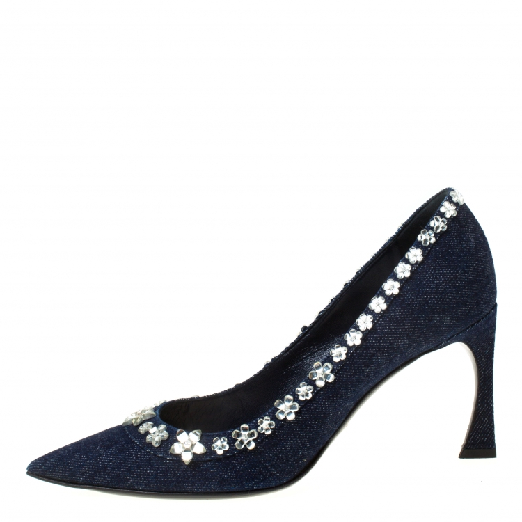 Pre Owned Dior Blue Crystal Embellished Denim Garland Pointed Toe Pumps Size 38