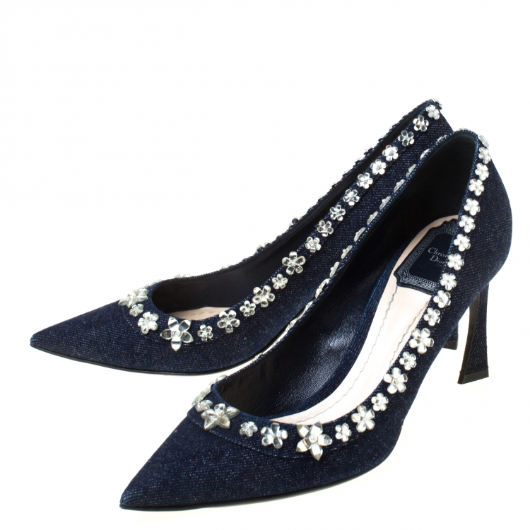 Pre Owned Dior Blue Crystal Embellished Denim Garland Pointed Toe Pumps Size 38