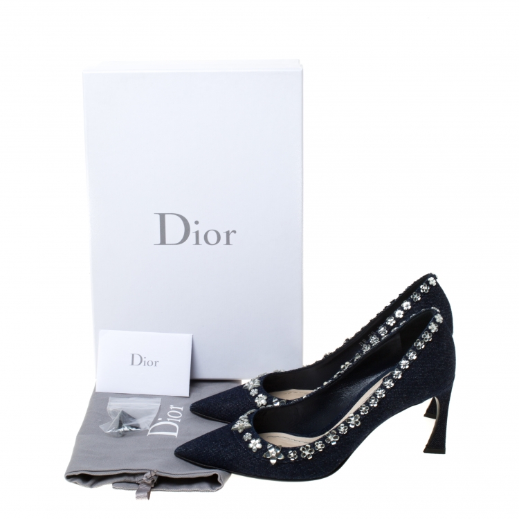 Pre Owned Dior Blue Crystal Embellished Denim Garland Pointed Toe Pumps Size 38