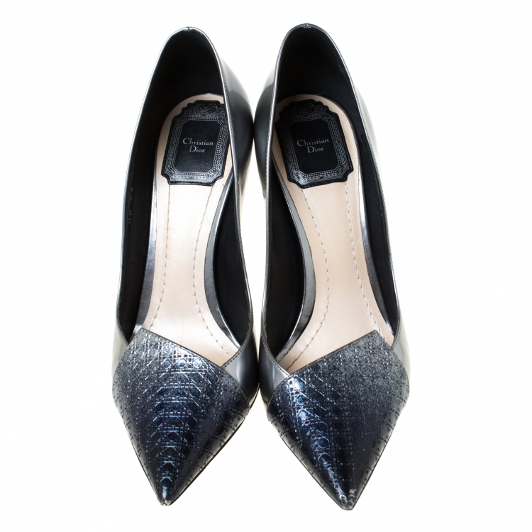 Pre Owned  Dior Ombre Grey Patent Leather Cannage Cap Pointed Toe Pumps Size 37