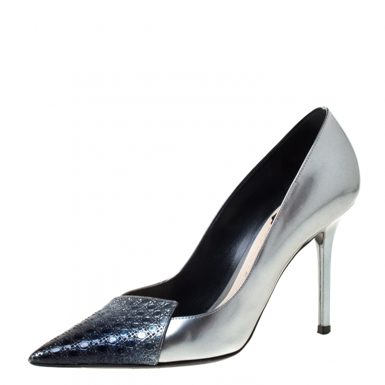 Pre Owned  Dior Ombre Grey Patent Leather Cannage Cap Pointed Toe Pumps Size 37
