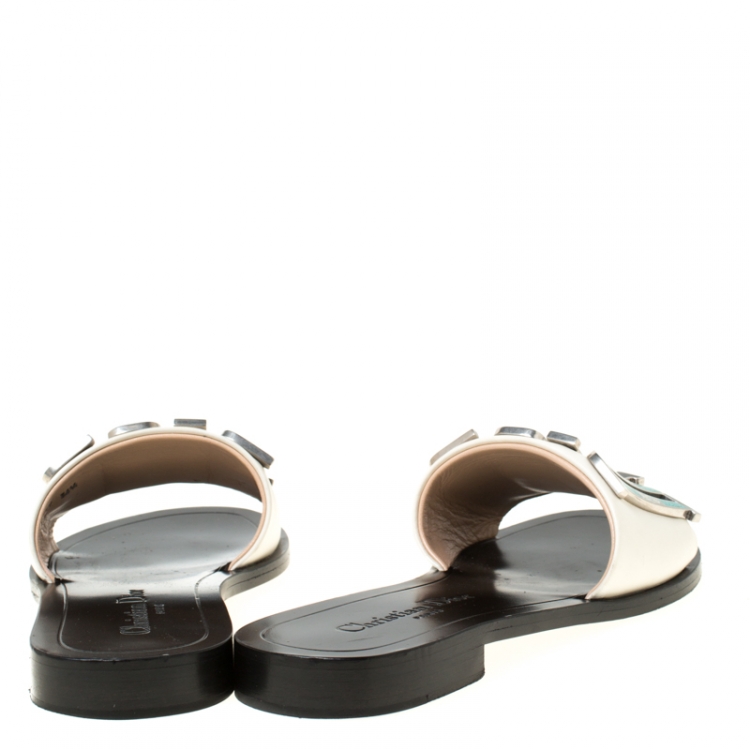 Pre Owned Dior White Leather Diorevolution Flat Slides Size 36.5