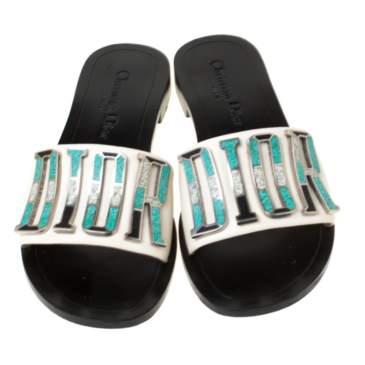 Pre Owned Dior White Leather Diorevolution Flat Slides Size 36.5