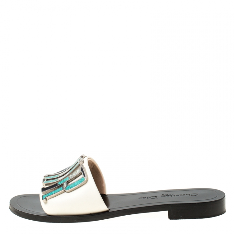 Pre Owned Dior White Leather Diorevolution Flat Slides Size 36.5