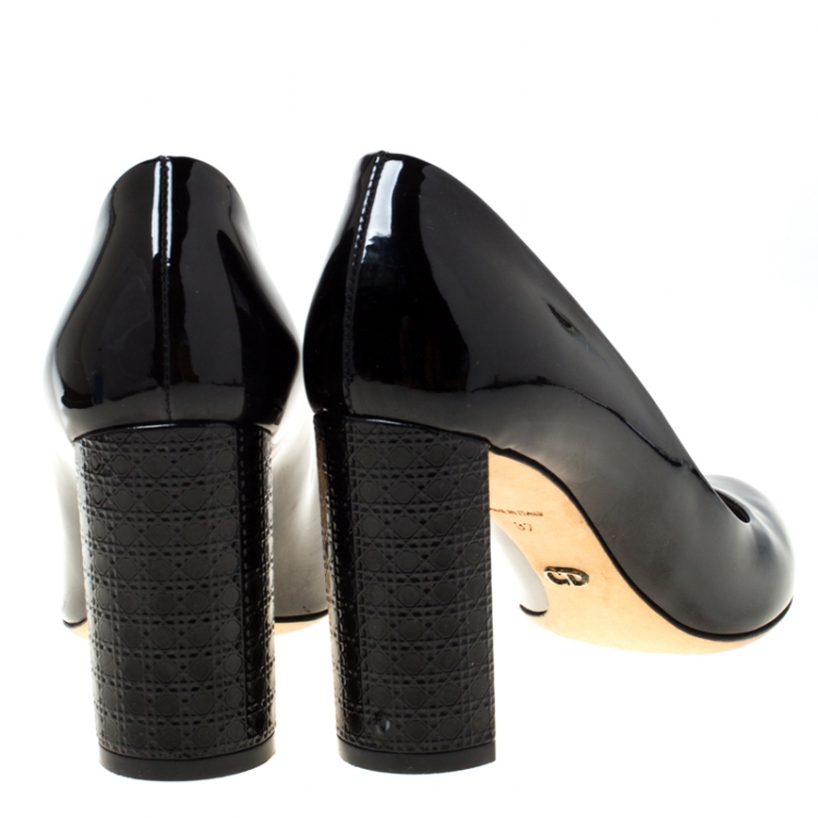 Pre Owned  Dior Black Patent Leather Cannage Block Heel Pumps Size 37