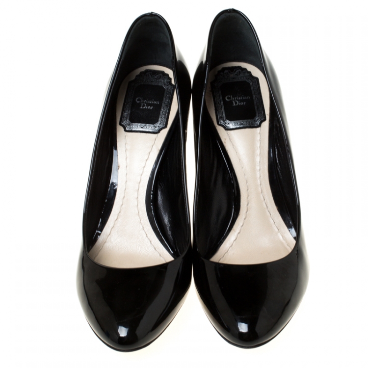 Pre Owned  Dior Black Patent Leather Cannage Block Heel Pumps Size 37