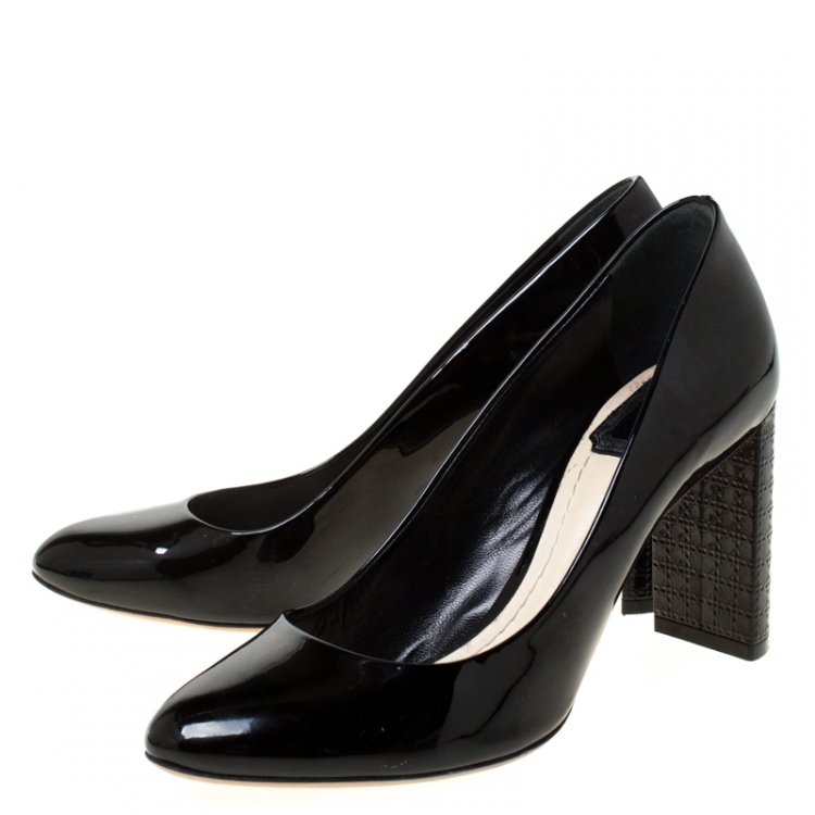 Pre Owned  Dior Black Patent Leather Cannage Block Heel Pumps Size 37