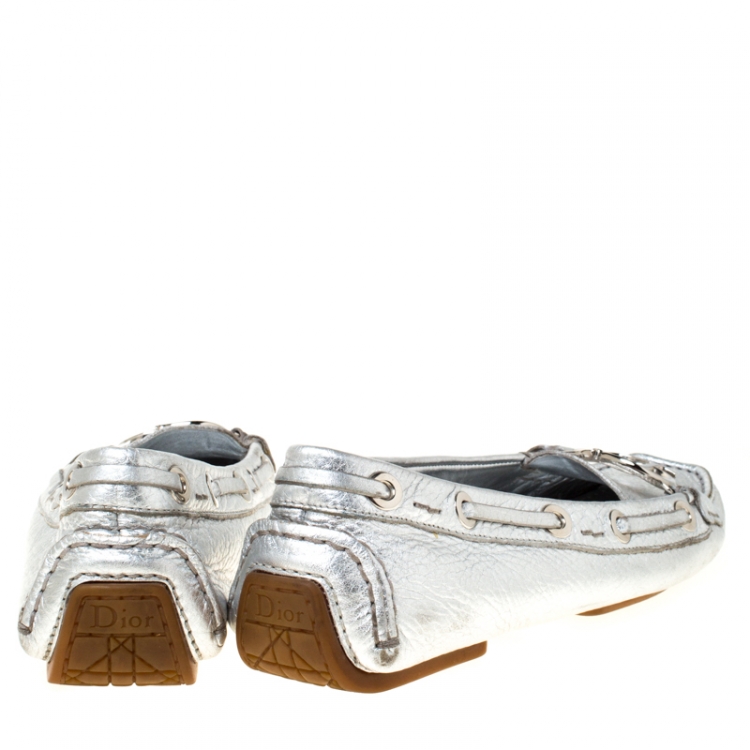 Pre Owned Christian Dior Metallic Silver Leather Logo Slip On Loafers Size 38