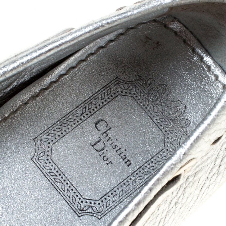 Pre Owned Christian Dior Metallic Silver Leather Logo Slip On Loafers Size 38