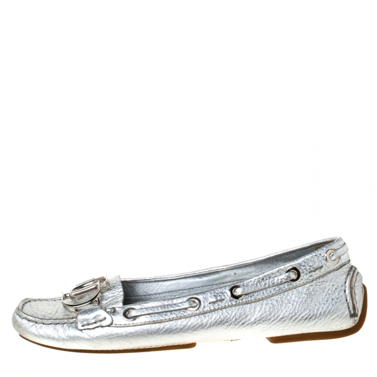 Pre Owned Christian Dior Metallic Silver Leather Logo Slip On Loafers Size 38