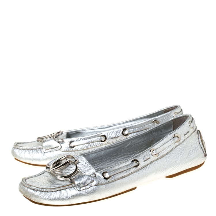 Pre Owned Christian Dior Metallic Silver Leather Logo Slip On Loafers Size 38