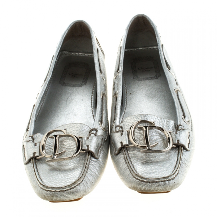 Pre Owned Christian Dior Metallic Silver Leather Logo Slip On Loafers Size 38