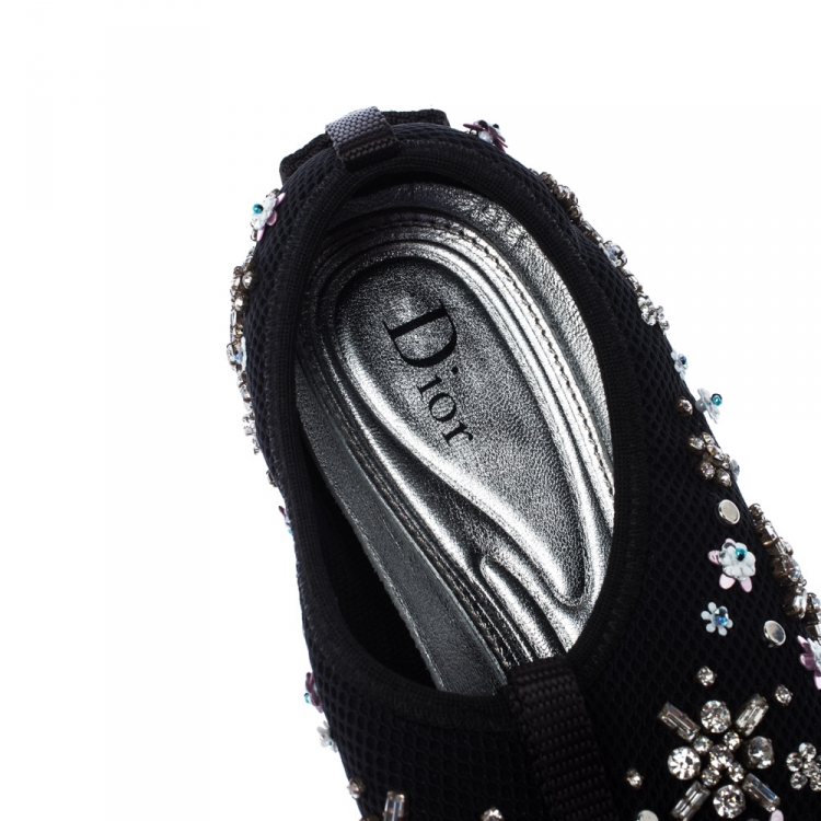 Pre Owned Dior Black Mesh Fusion Crystal Embellished Slip On Sneakers Size 36.5