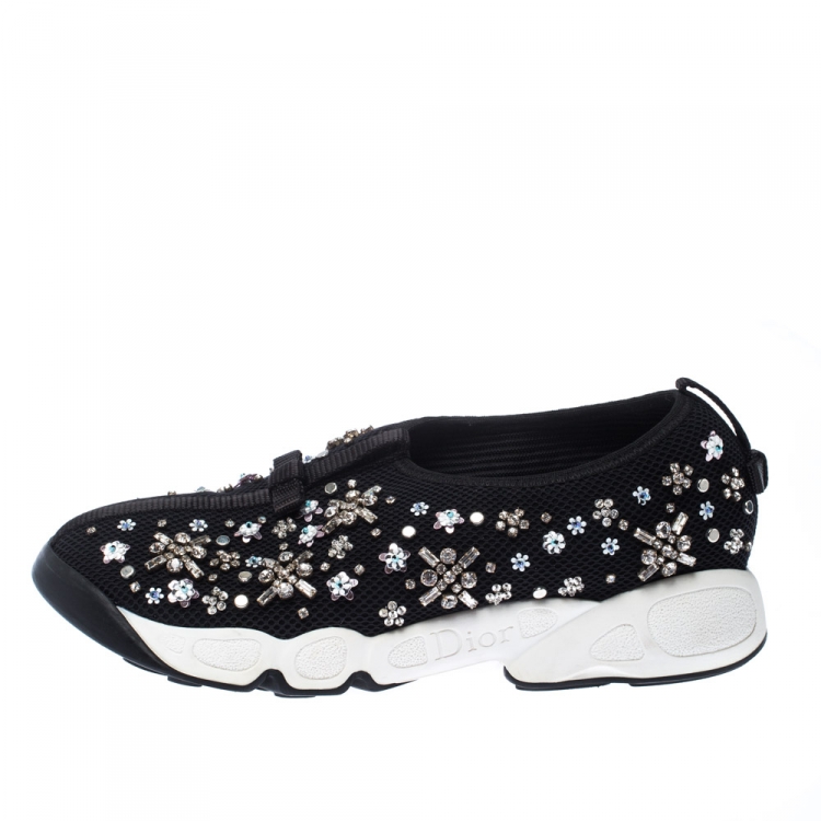 Pre Owned Dior Black Mesh Fusion Crystal Embellished Slip On Sneakers Size 36.5