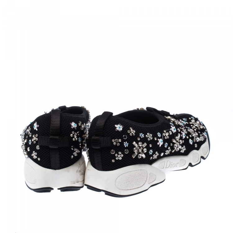 Pre Owned Dior Black Mesh Fusion Crystal Embellished Slip On Sneakers Size 36.5