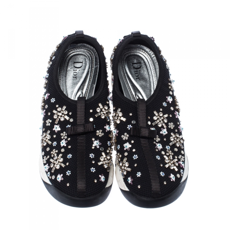 Pre Owned Dior Black Mesh Fusion Crystal Embellished Slip On Sneakers Size 36.5
