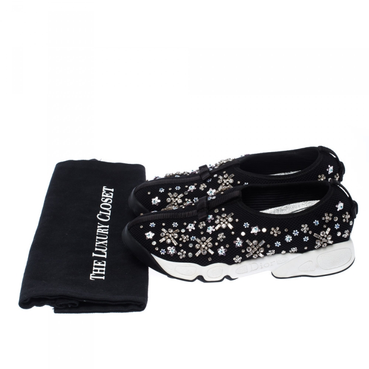 Pre Owned Dior Black Mesh Fusion Crystal Embellished Slip On Sneakers Size 36.5