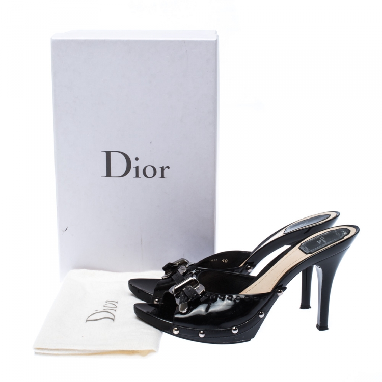 Pre Owned  Dior Black Patent Leather Bow Open Toe Sandals Size 40