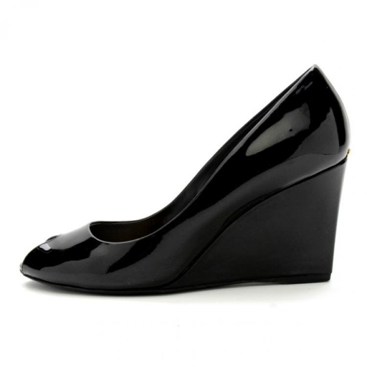 Pre Owned Christian Dior Black Patent Peep Toe Wedge Pumps Size 38
