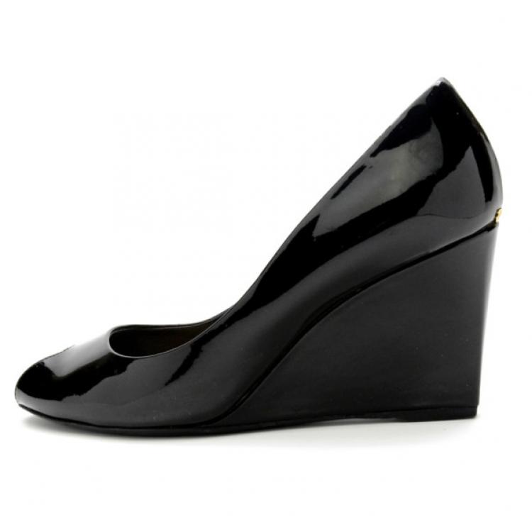 Pre Owned Christian Dior Black Patent Peep Toe Wedge Pumps Size 38