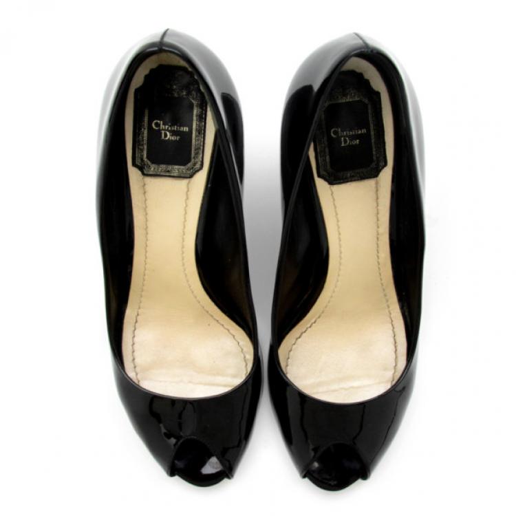 Pre Owned Christian Dior Black Patent Peep Toe Wedge Pumps Size 38