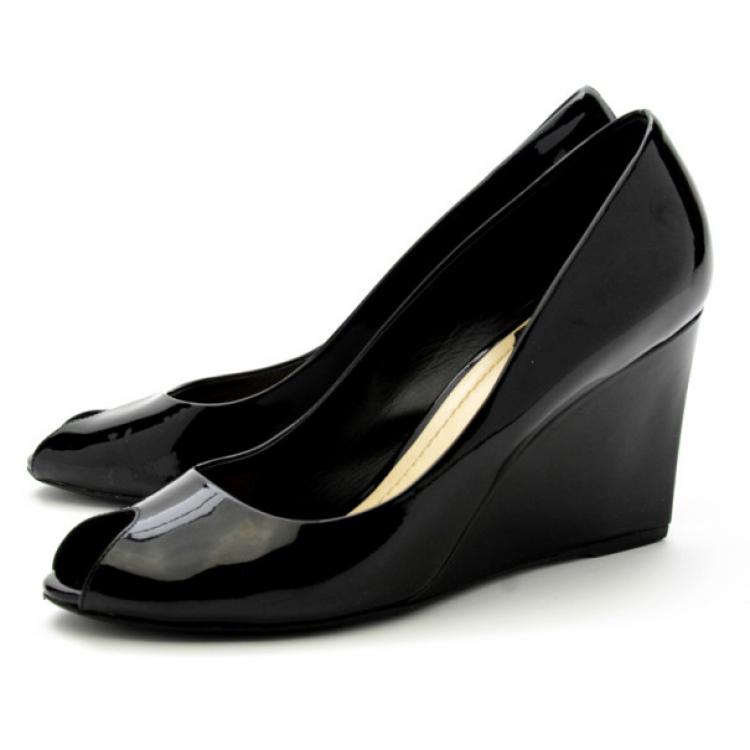 Pre Owned Christian Dior Black Patent Peep Toe Wedge Pumps Size 38