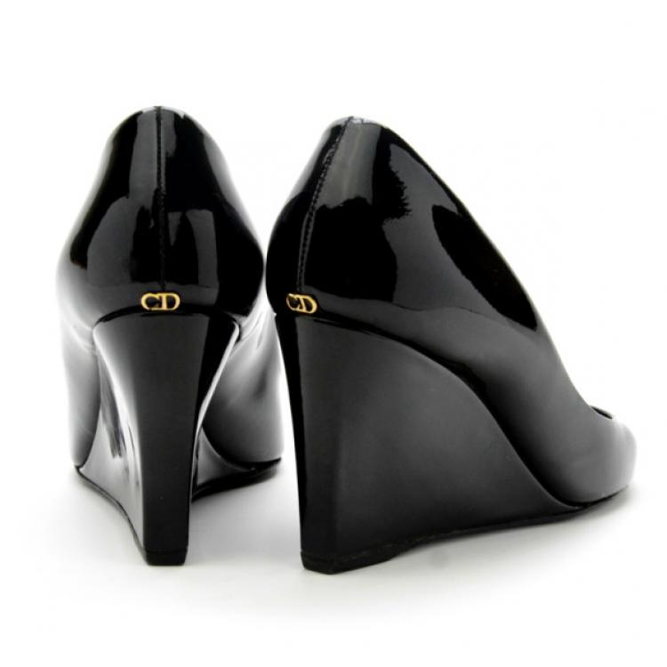 Pre Owned Christian Dior Black Patent Peep Toe Wedge Pumps Size 38