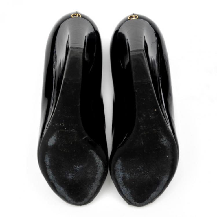 Pre Owned Christian Dior Black Patent Peep Toe Wedge Pumps Size 38