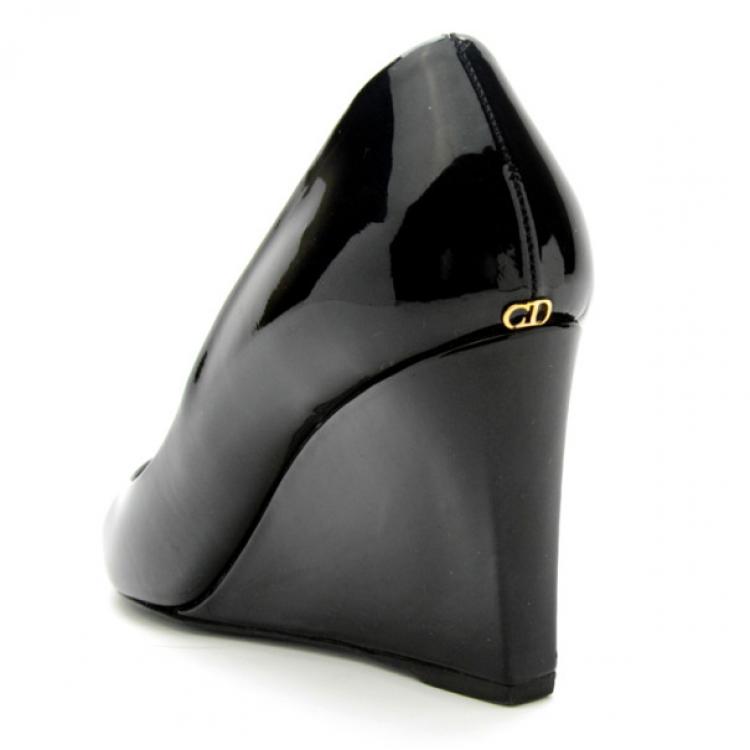 Pre Owned Christian Dior Black Patent Peep Toe Wedge Pumps Size 38